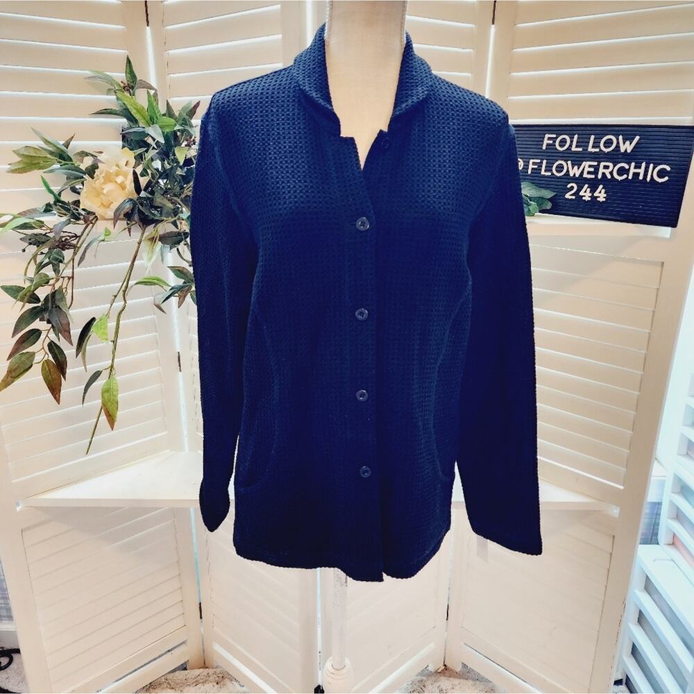 EILEEN FISHER BLACK WAFFLEKNIT BUTTON DOWN JACKET SIZE LARGE
